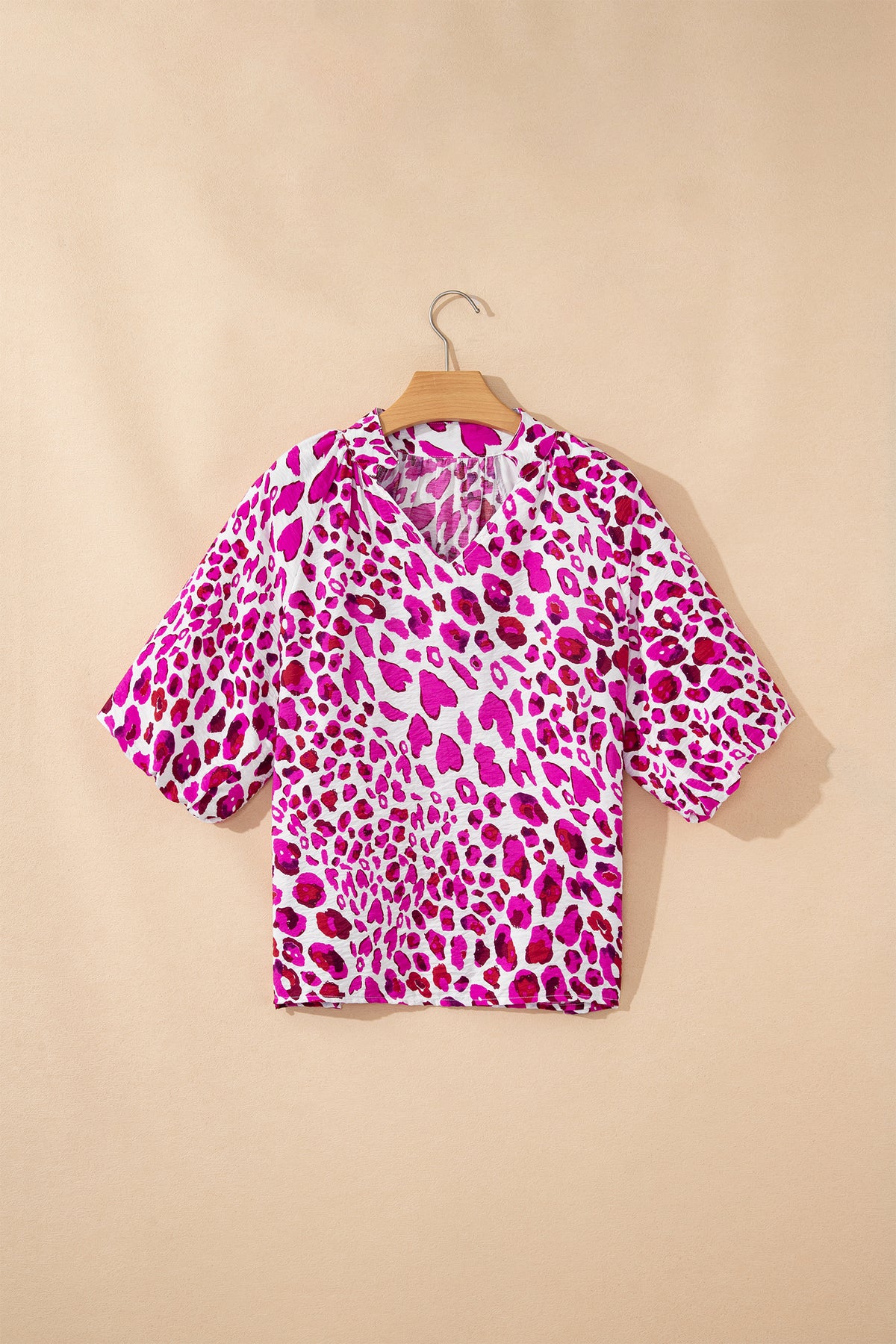 Leopard Puff-Sleeve V-Neck Blouse