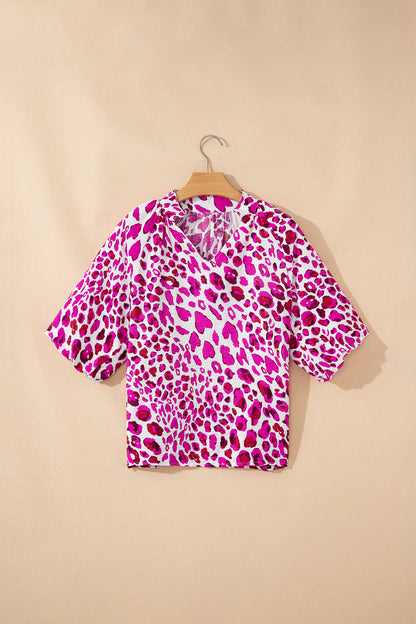 Leopard Puff-Sleeve V-Neck Blouse