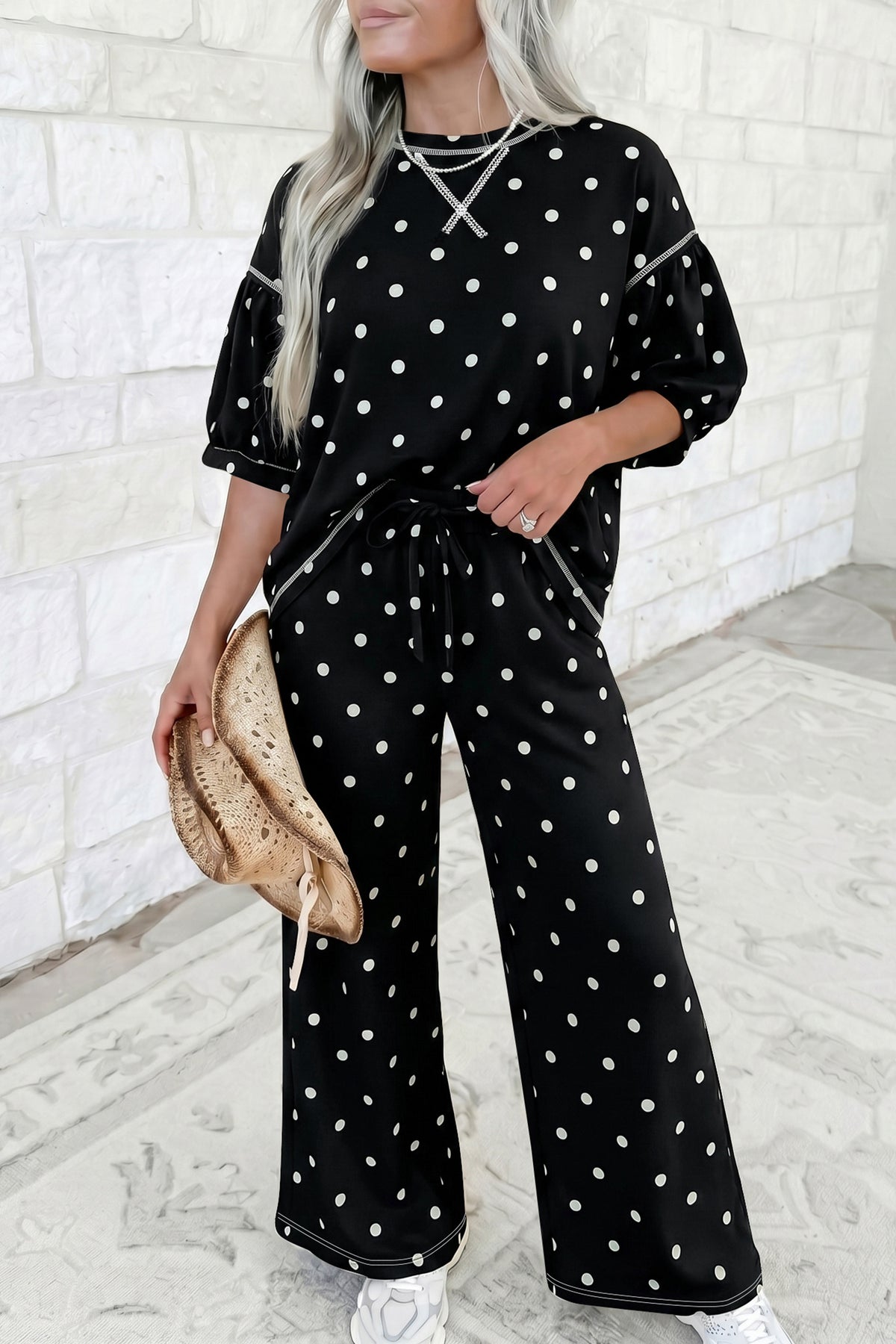 Beige Polka Dot Half Sleeve Loose Top Elastic Waist Casual Pants Set