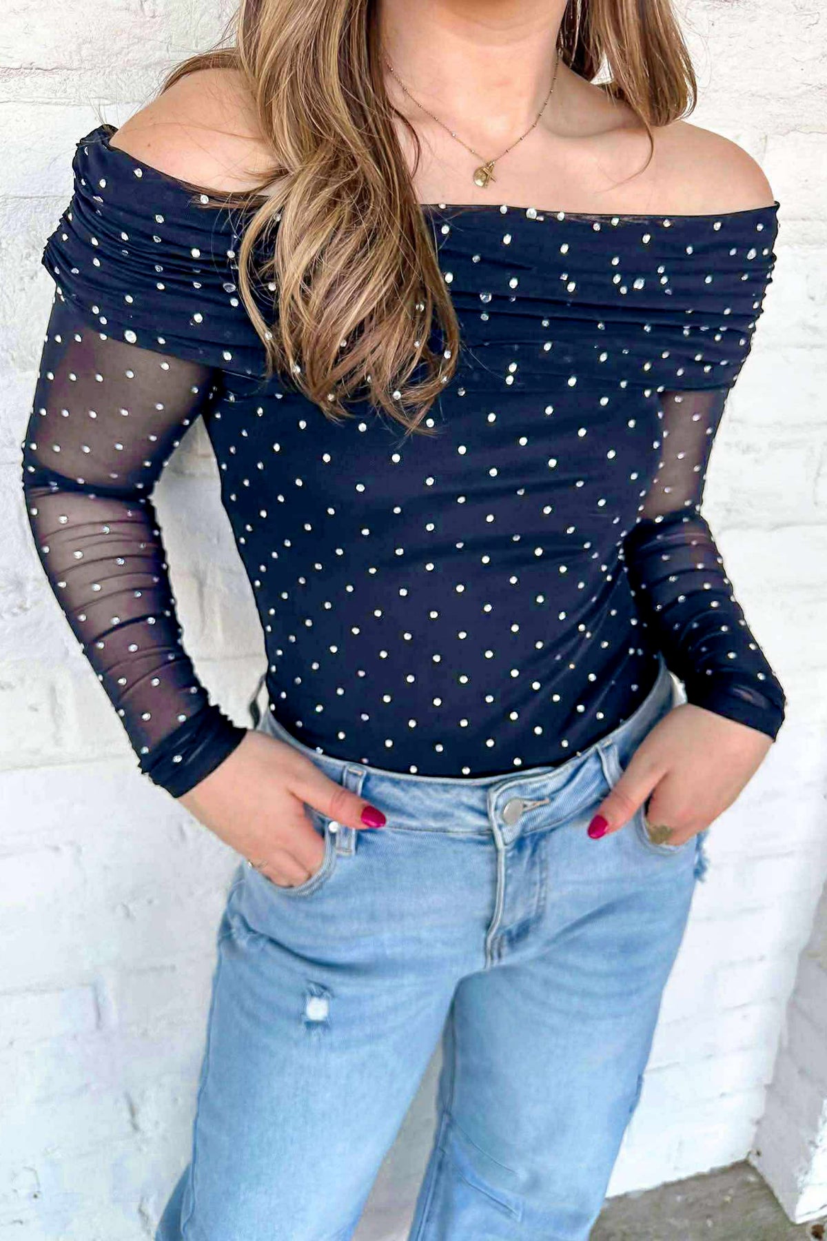 Off-Shoulder Polka Dot Mesh Top