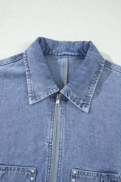 Beau Blue Studded Zip-Up Denim Jacket