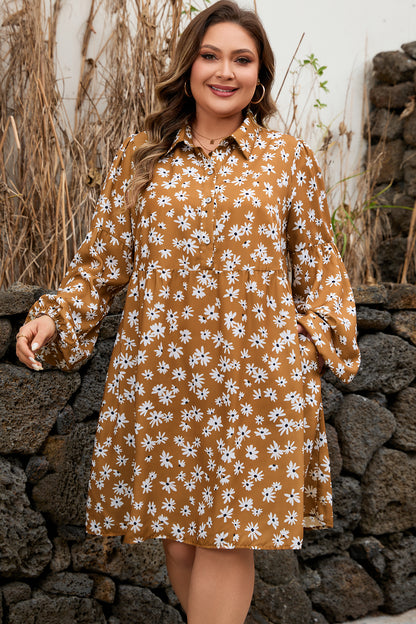 Khaki Daisy Floral Puff-Sleeve Dress