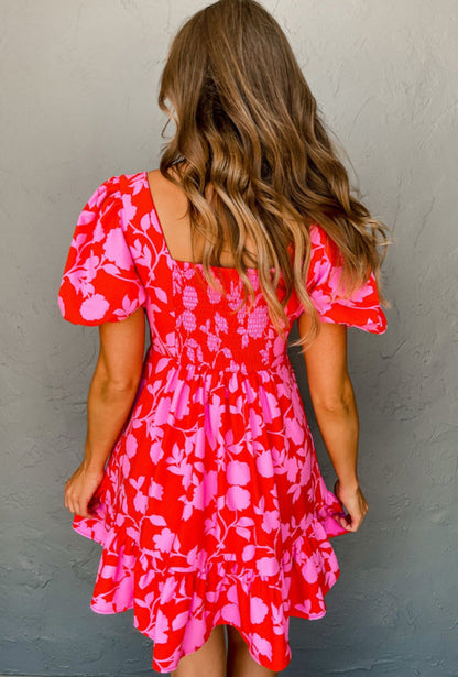 Red Floral Ruffled Mini Dress