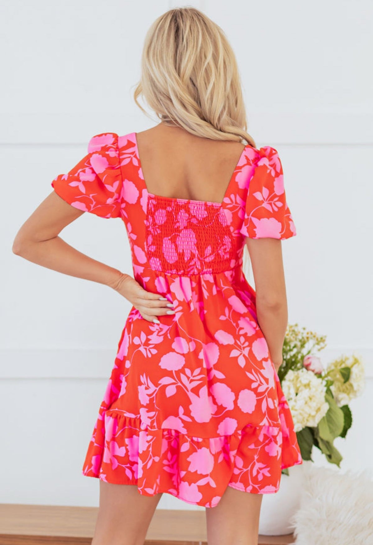 Red Floral Ruffled Mini Dress