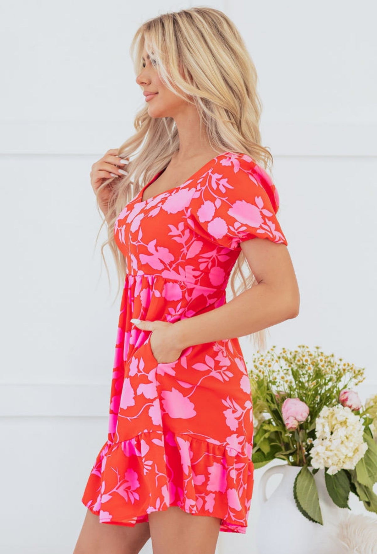 Red Floral Ruffled Mini Dress