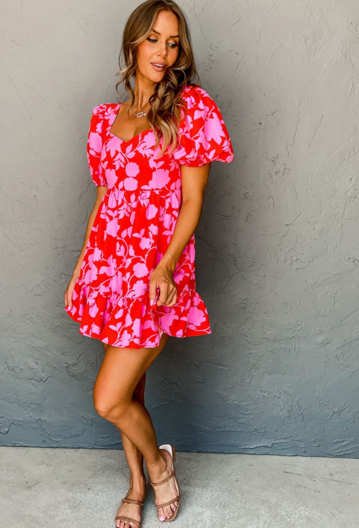 Red Floral Ruffled Mini Dress