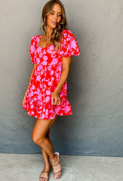 Red Floral Ruffled Mini Dress