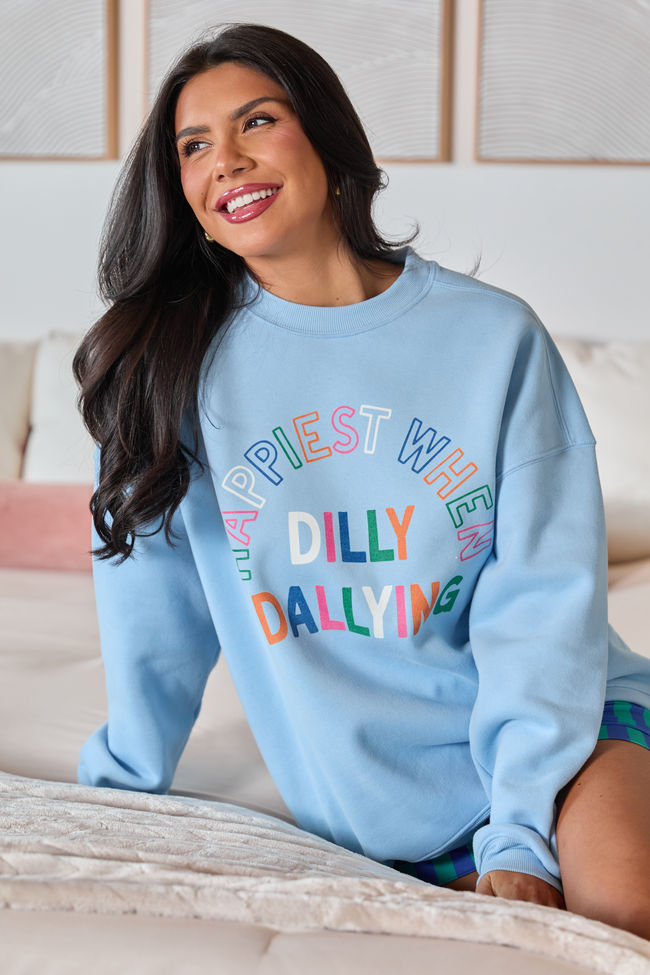 Happiest When Dilly Dallying Multi Light Blue Oversized Graphic Sweatshirt