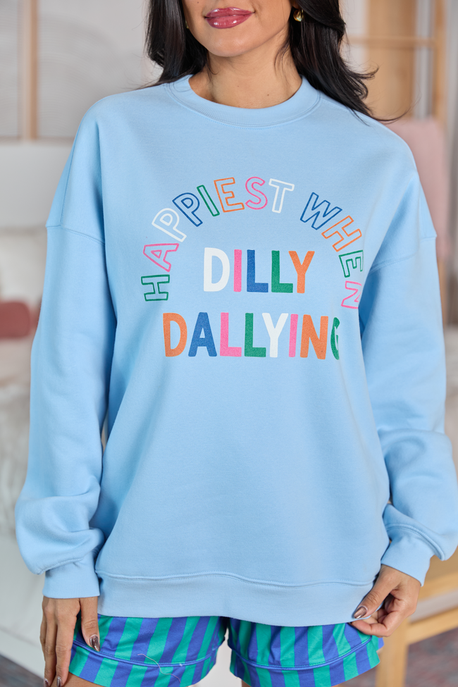Happiest When Dilly Dallying Multi Light Blue Oversized Graphic Sweatshirt