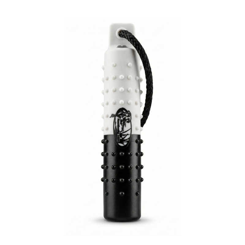 The HuntEmUp 2in Plastic Dog Training Bumper Dummy w/Valve Black White Flasher
