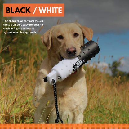 The HuntEmUp 2in Plastic Dog Training Bumper Dummy w/Valve Black White Flasher
