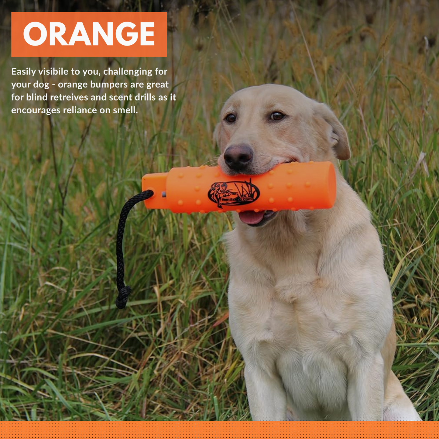 HuntEmUp Large 3-Inch Plastic Dog Training Bumpers with Throw Rope and Air Valve – Orange 6 Pack