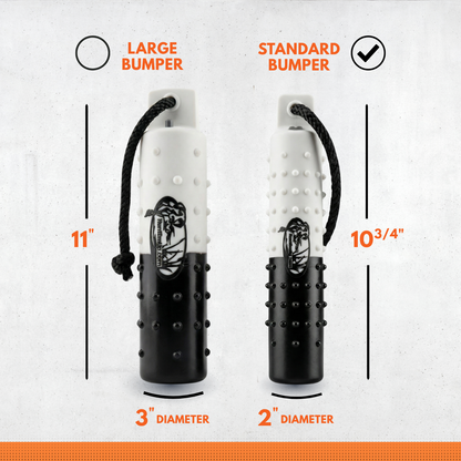 The HuntEmUp 2in Plastic Dog Training Bumper Dummy w/Valve Black White Flasher