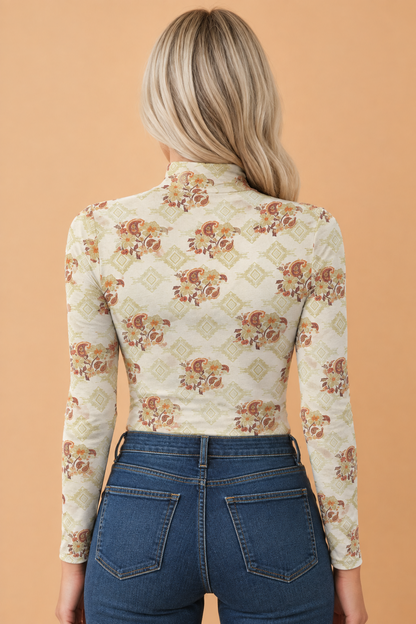 Paisley Mesh Mock Neck Top