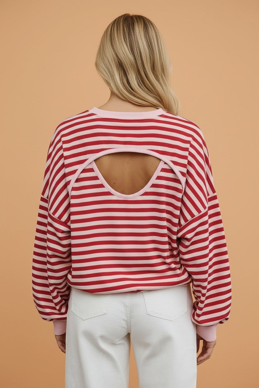 Stripe Cutout Open Back Long Sleeve Loose Top — product image 2