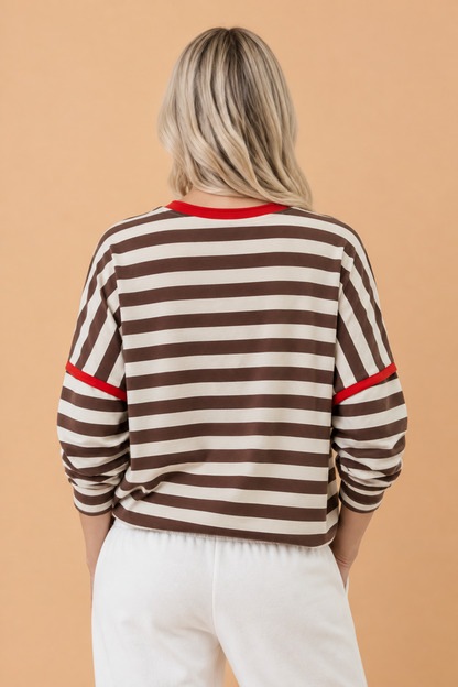 Stripe Contrast Trim Round Neck Long Sleeve Top