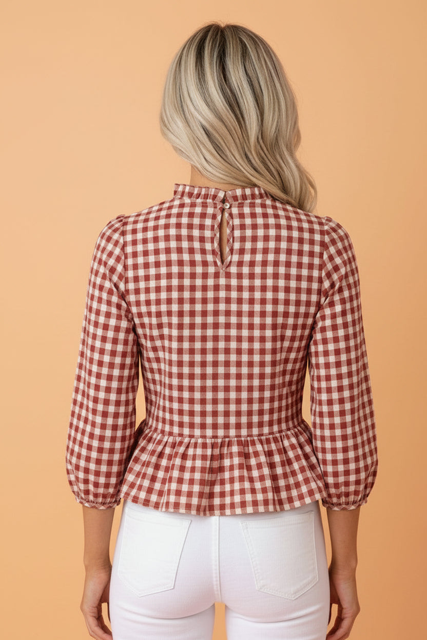 Gingham Shirred Long Sleeve Peplum Top — product image 2