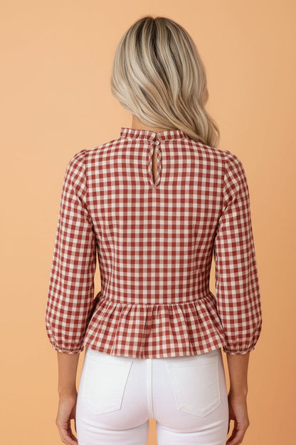 Gingham Shirred Long Sleeve Peplum Top — product image 2