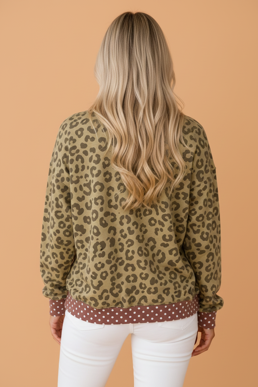 Leopard Polka Dot Colorblock Trim Long Sleeve Top — product image 2