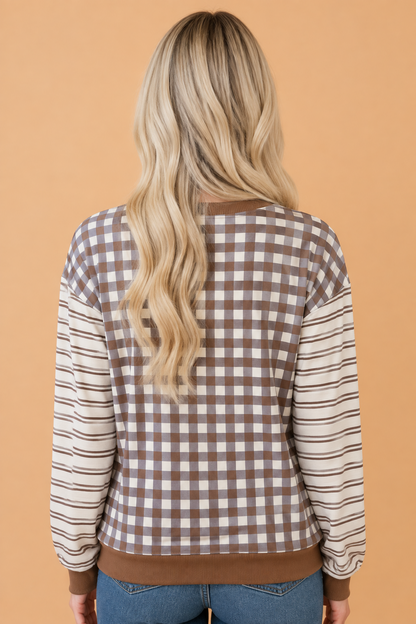 Gingham Stripe Patchwork Long Sleeve Top