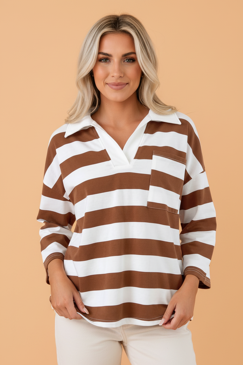 Stripe Contrast Collar 3/4 Sleeve Oversized Top