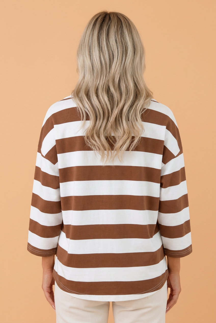 Stripe Contrast Collar 3/4 Sleeve Oversized Top