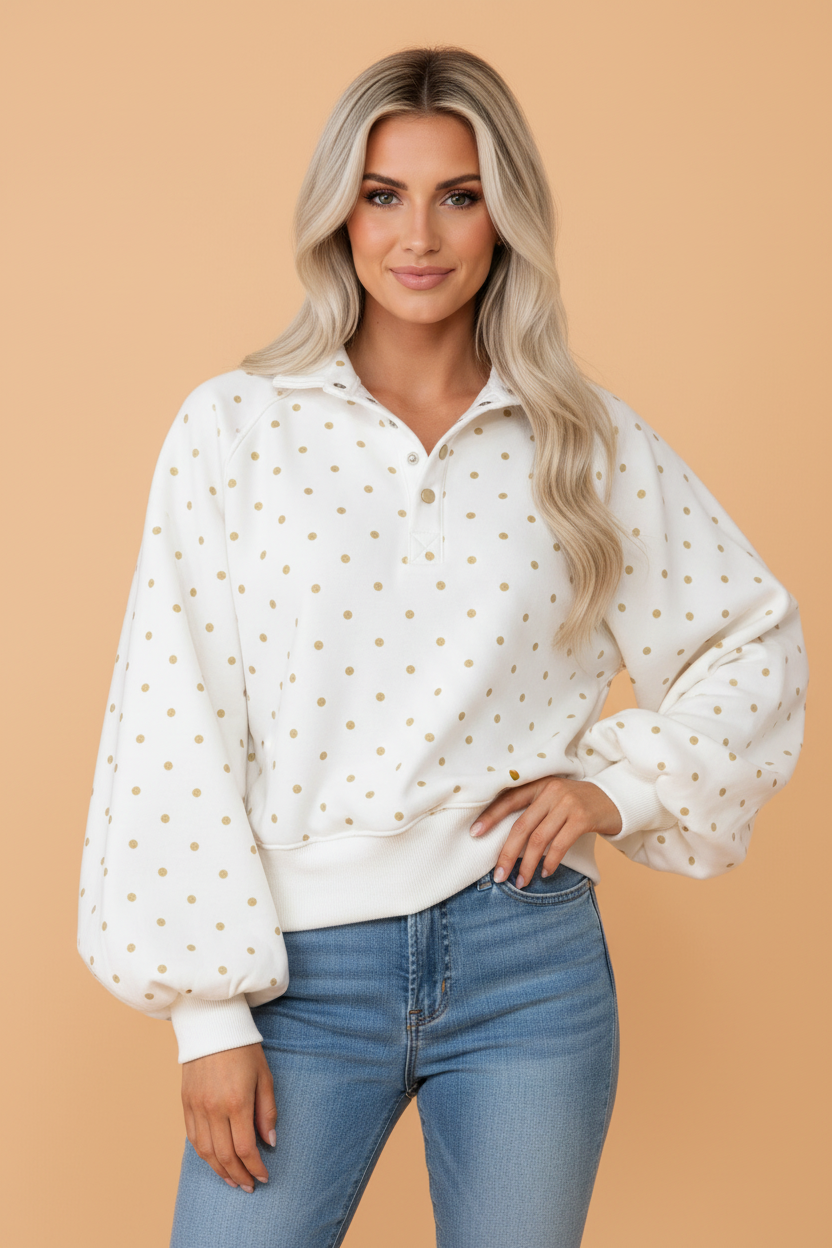 Polka Dot Button-Collar Sweatshirt
