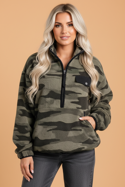Camo Fleece Kangaroo Pocket Half Zip Sweatshirt