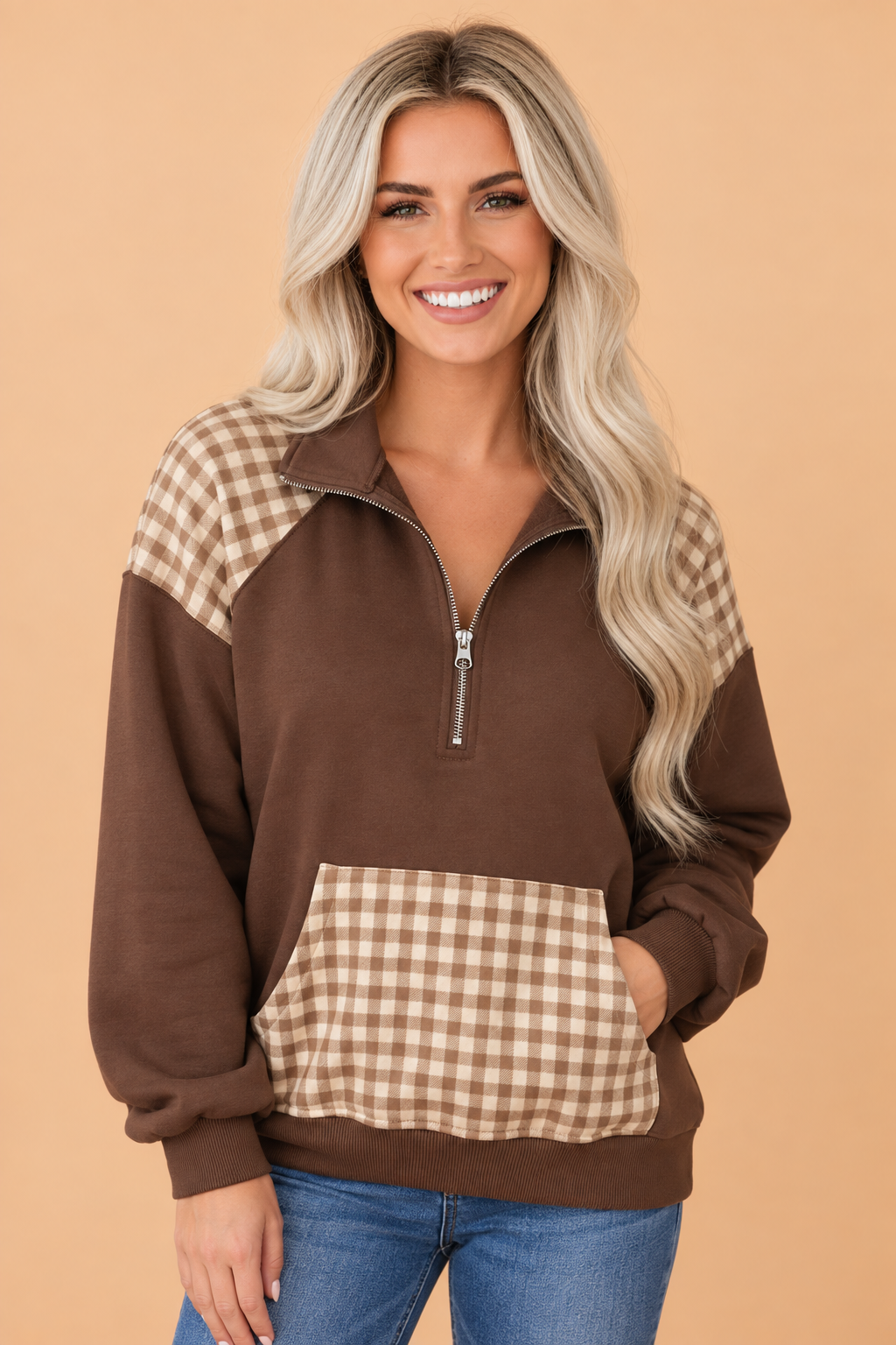 Coffee Gingham Half-Zip Sweatshirt