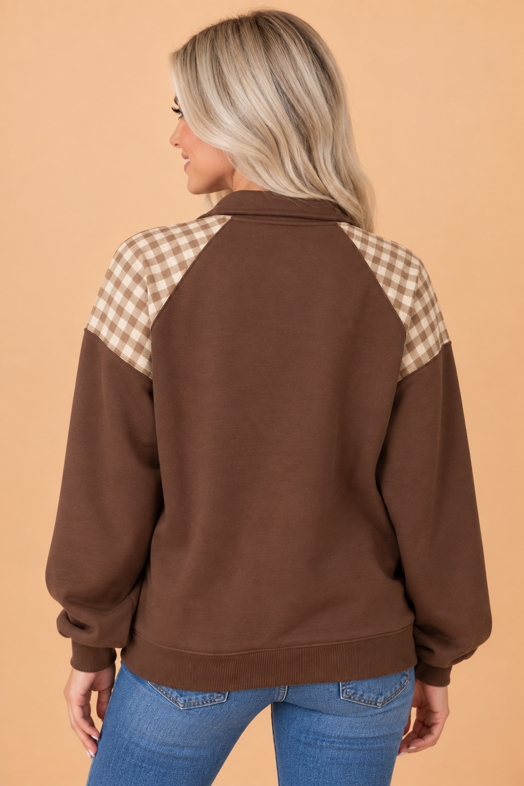 Coffee Gingham Half-Zip Sweatshirt
