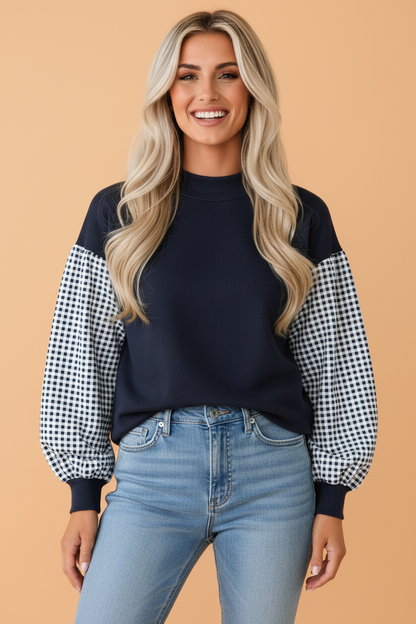 Navy Gingham Colorblock Sweatshirt