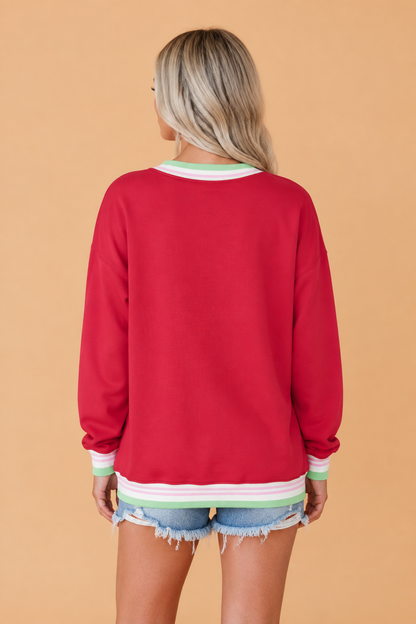 Stripe Contrast Trim Drop Shoulder Sweatshirt