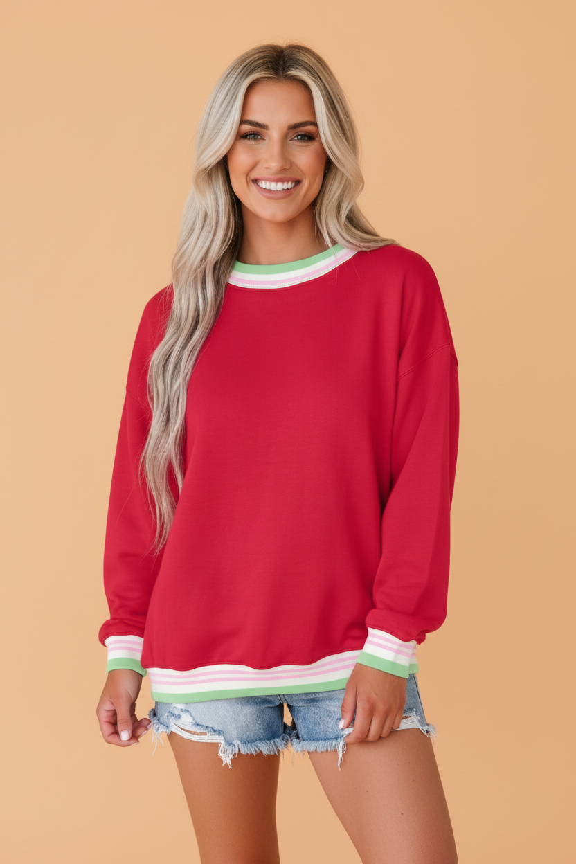 Stripe Contrast Trim Drop Shoulder Sweatshirt