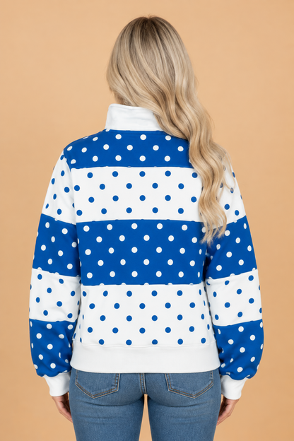 Polka Dot Colorblock Half Button Puff Sleeve Sweatshirt