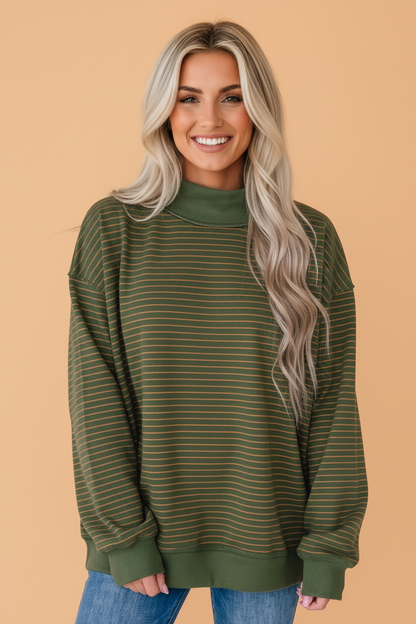 Stripe Ribbed Mock Neck Oversized Sweatshirt