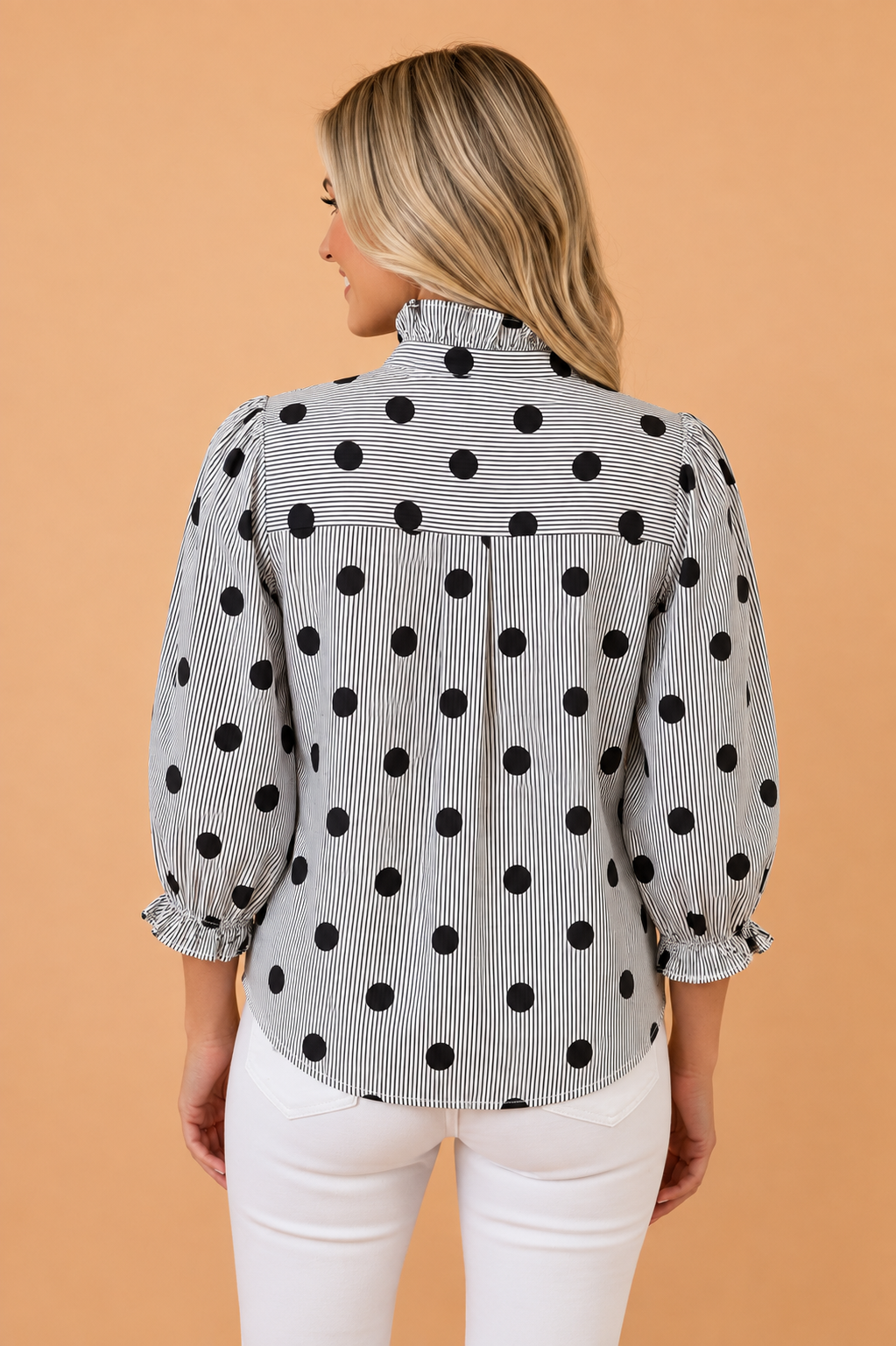 Polka Dot Stripe Ruffle 3/4 Sleeve Buttoned Shirt — product image 6