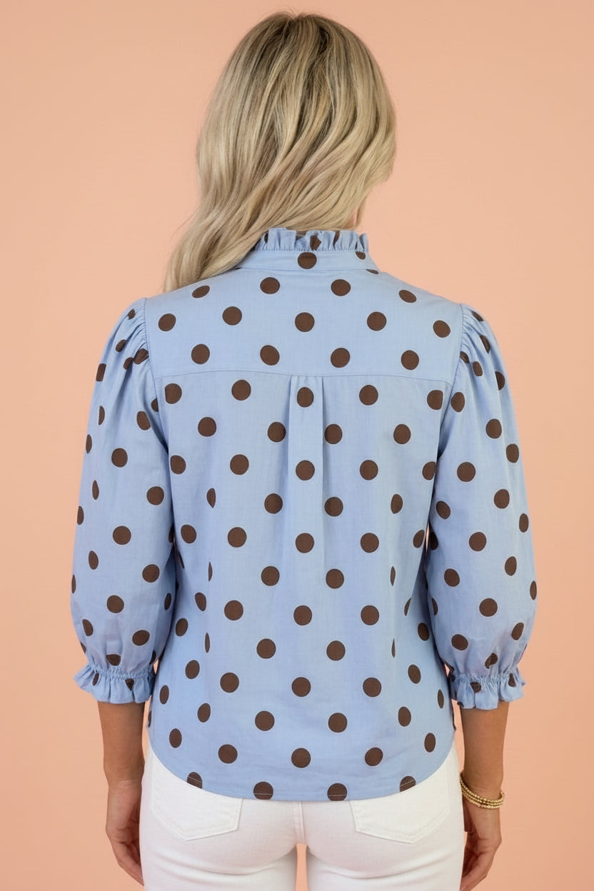 Polka Dot Stripe Ruffle 3/4 Sleeve Buttoned Shirt — product image 2