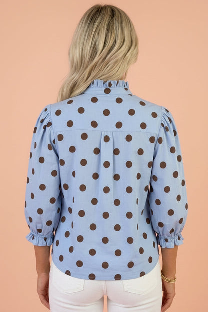 Polka Dot Stripe Ruffle 3/4 Sleeve Buttoned Shirt — product image 2