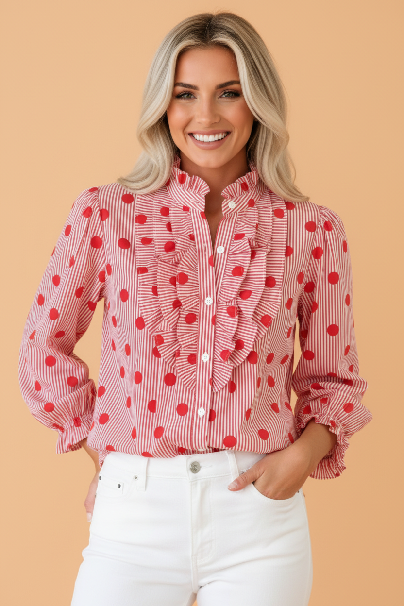 Polka Dot Stripe Ruffle 3/4 Sleeve Buttoned Shirt — product image 3