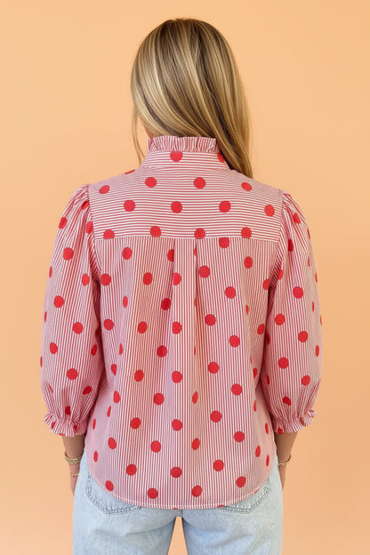 Polka Dot Stripe Ruffle 3/4 Sleeve Buttoned Shirt — product image 4