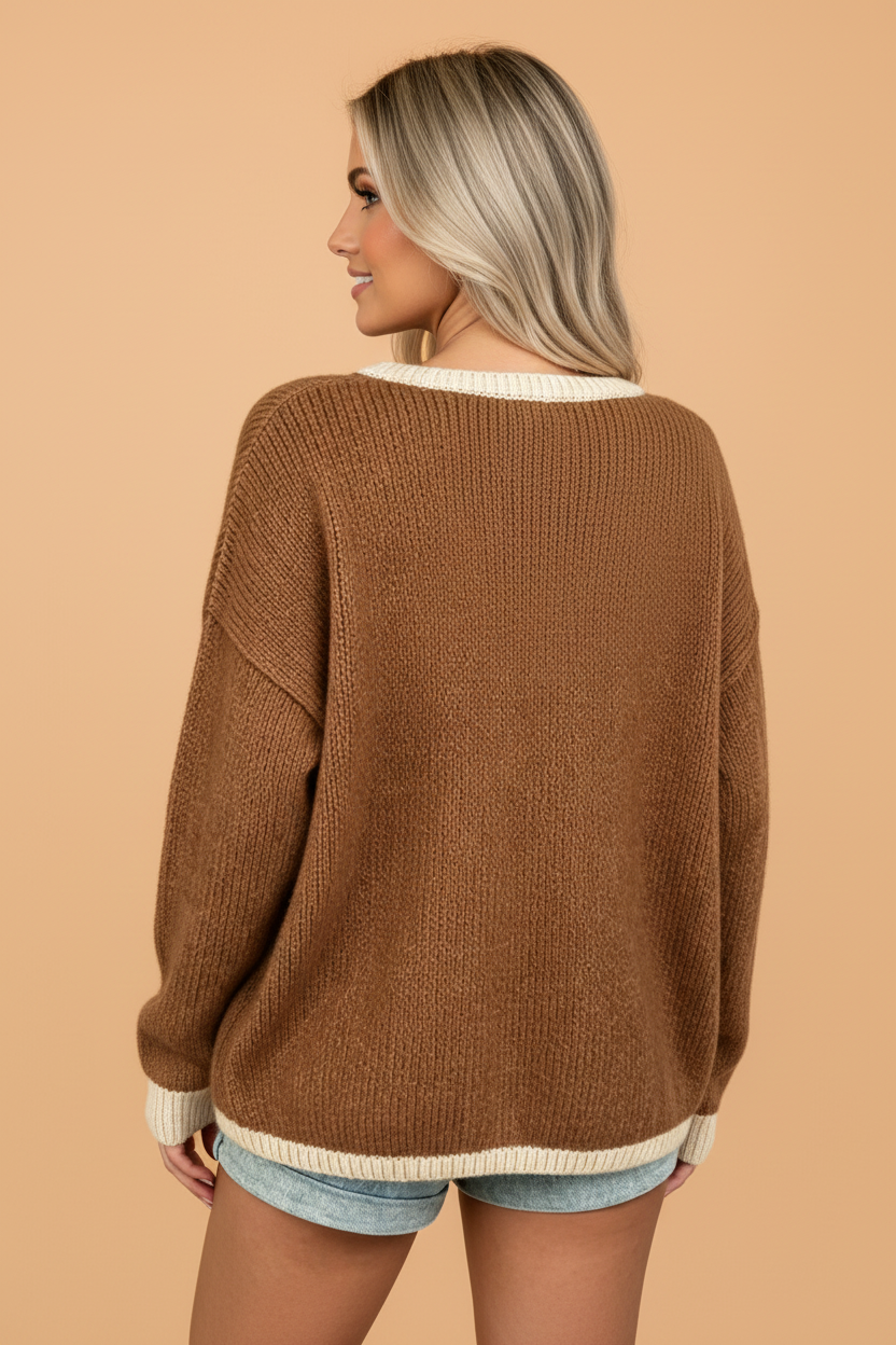 Contrast Trim Tie Front V-Neck Sweater Cardigan