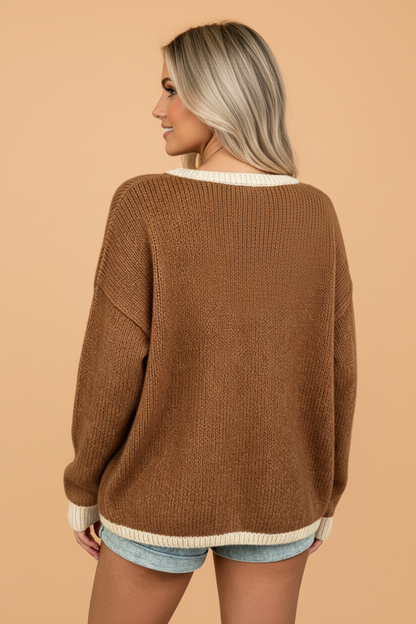 Contrast Trim Tie Front V-Neck Sweater Cardigan