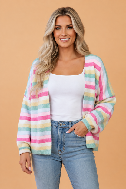 Stripe Drop Shoulder Open Front Sweater Cardigan