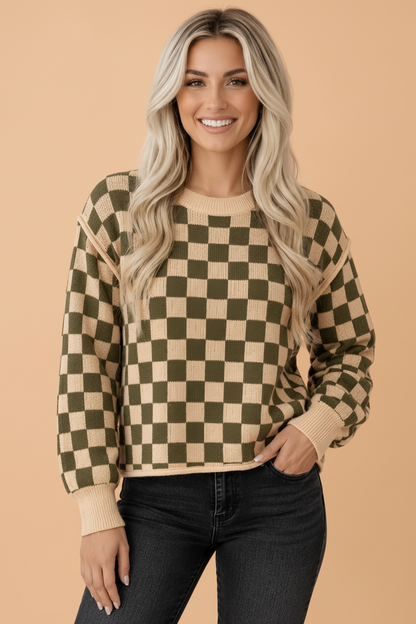Checker Drop Shoulder Long Sleeve Knit Sweater