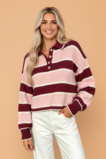 Stripe Polo Collar Ribbed Cuff Knit Sweater