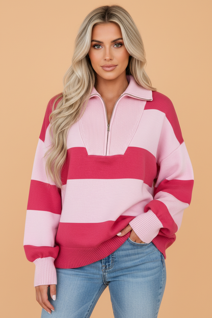 Stripe Colorblock Drop Shoulder Quarter-Zip Sweater