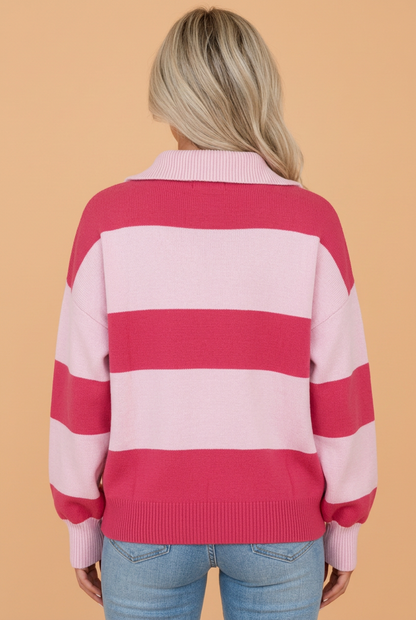 Stripe Colorblock Drop Shoulder Quarter-Zip Sweater