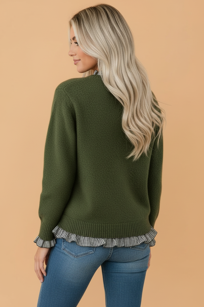 Gingham Ruffle Contrast Trim Pullover Sweater