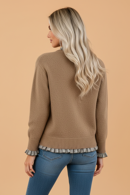Gingham Ruffle Contrast Trim Pullover Sweater
