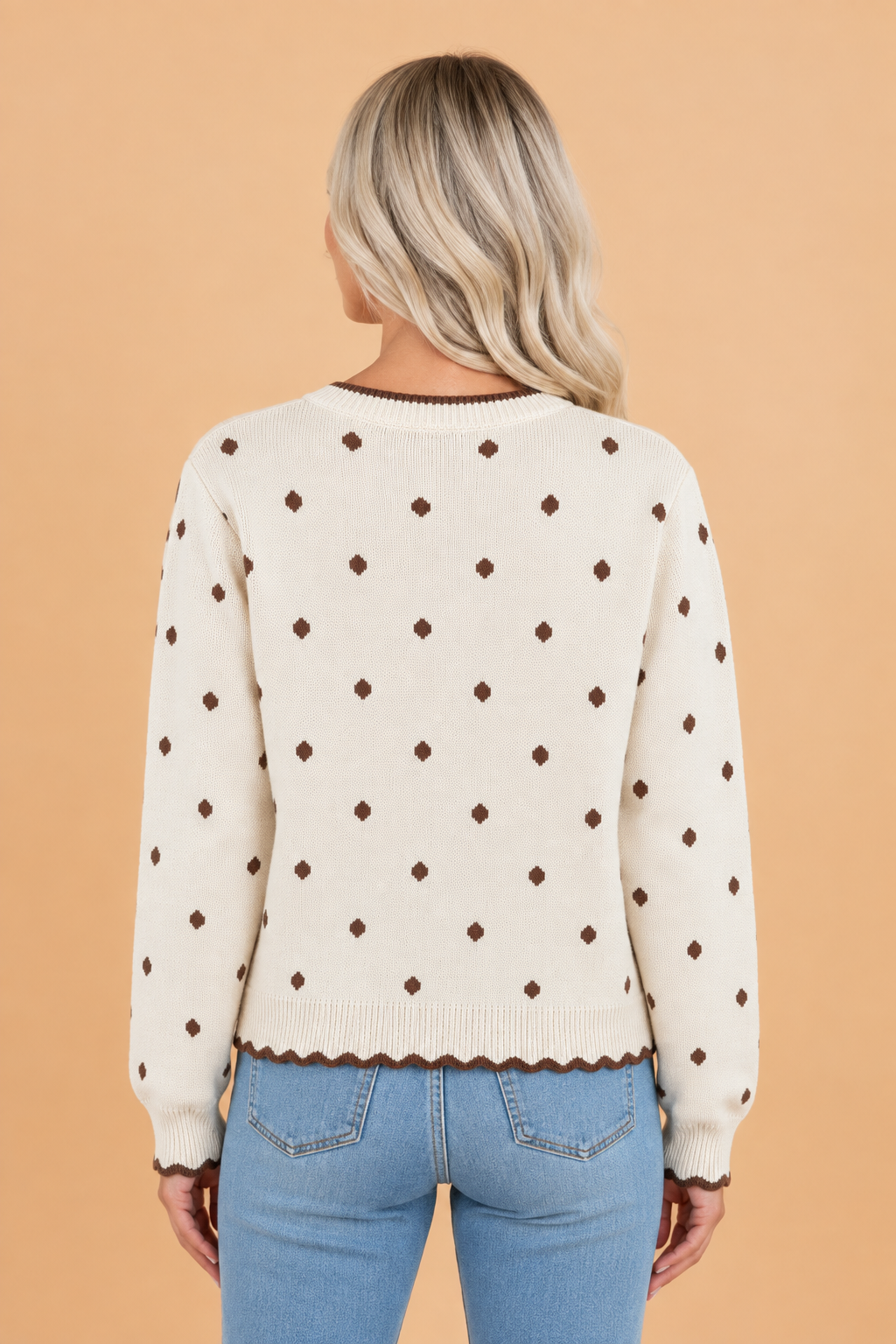 Polka Dot Scallop Trim Long Sleeve Sweater